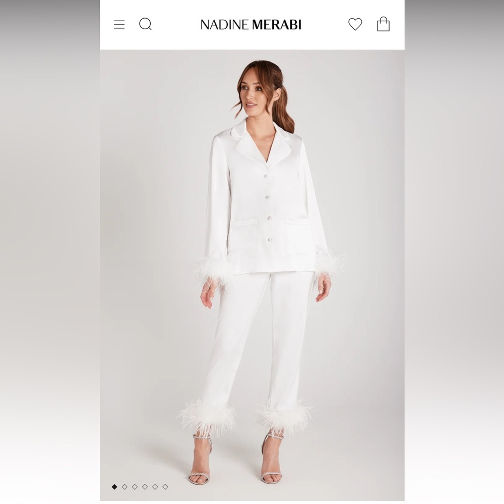 Nadine Merabi White Feather Pajamas bride wedding getting ready